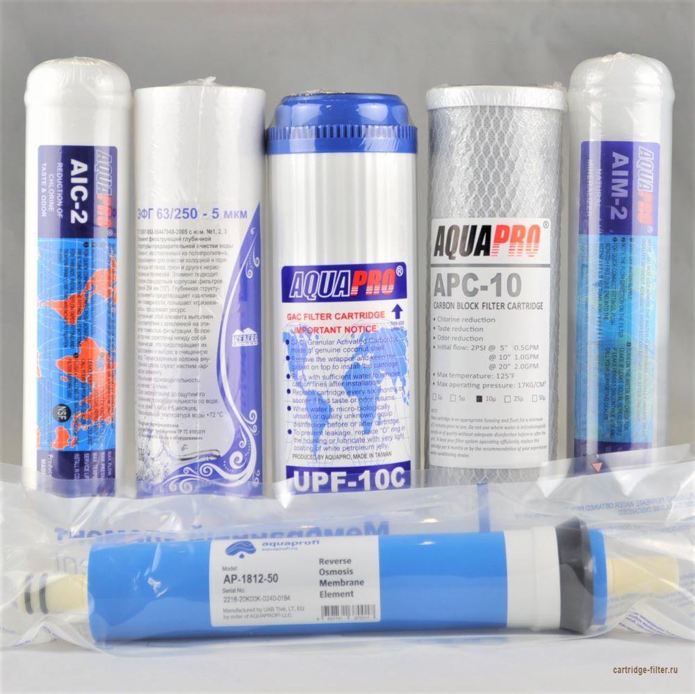 Комплект AquaPro 6 Улучшенный картридж 63/250,UPF,APC,mem-50,AIC2,AIM2 для обратного осмоса с минерализатором